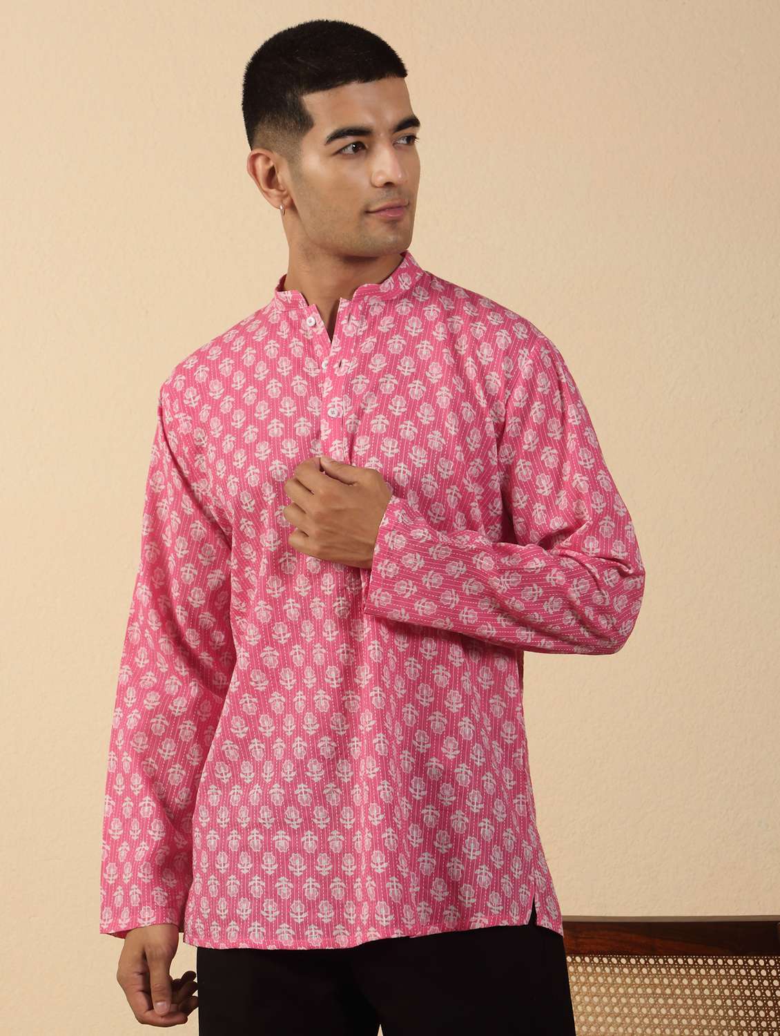 men printed mandarin neck short kurta - 22619197 -  Standard Image - 2