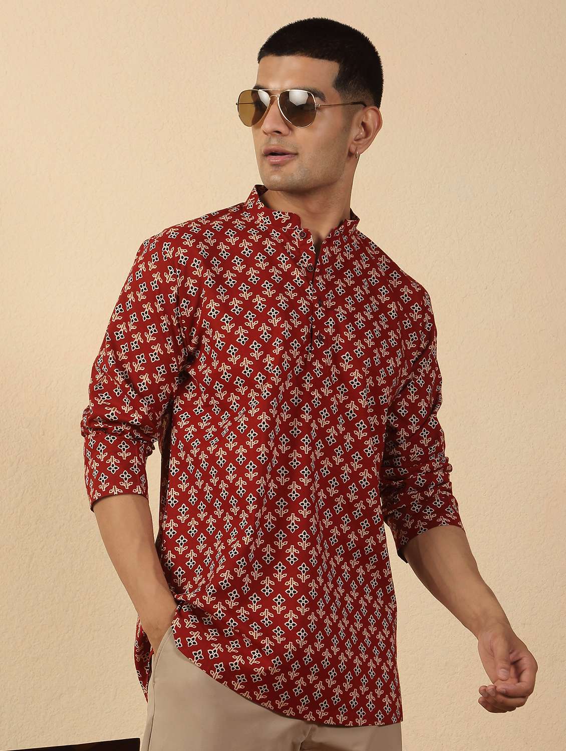 men printed mandarin neck short kurta