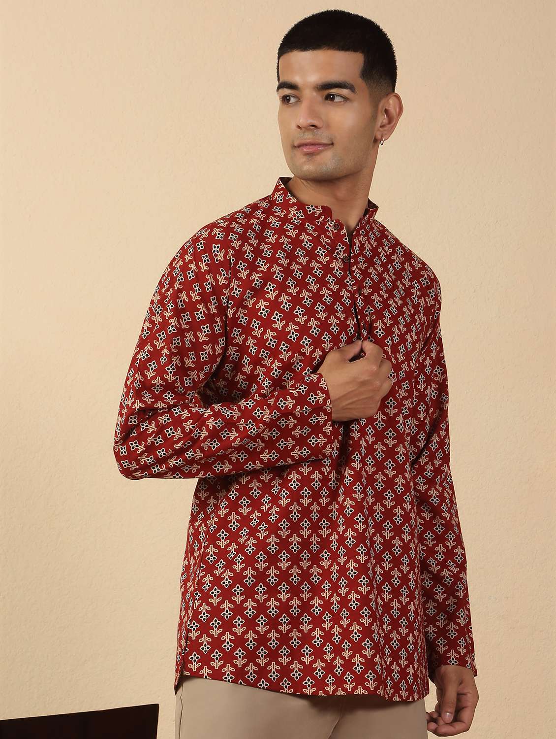 men printed mandarin neck short kurta - 22619198 -  Standard Image - 2