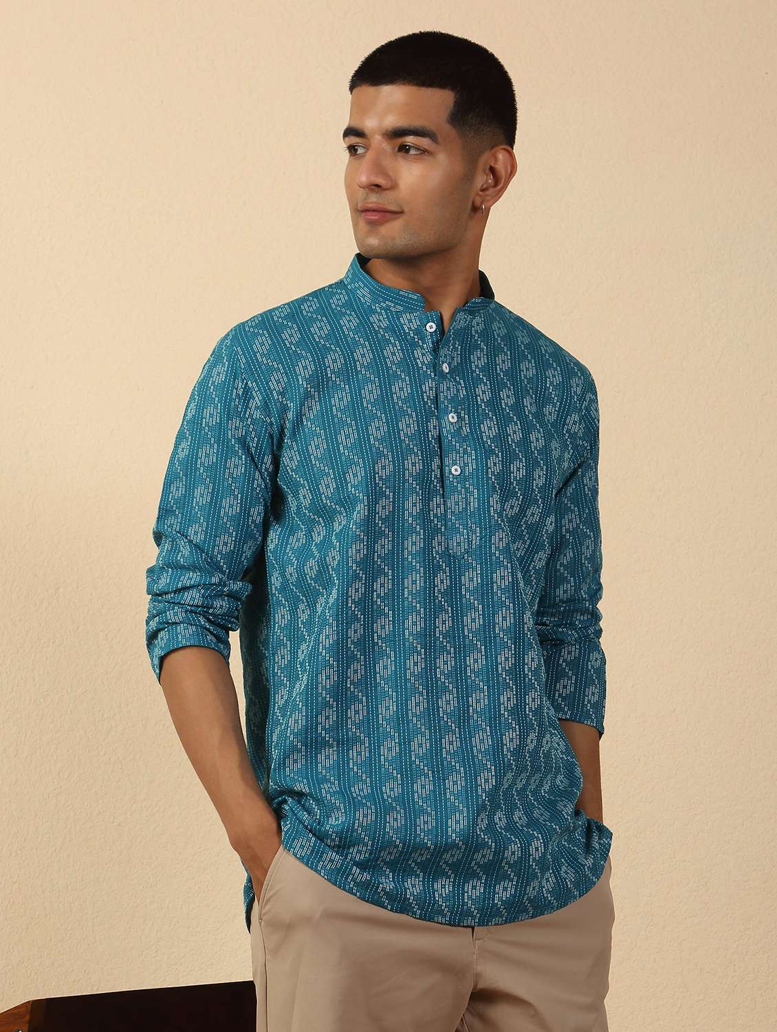 men printed mandarin neck short kurta - 22619202 -  Standard Image - 2