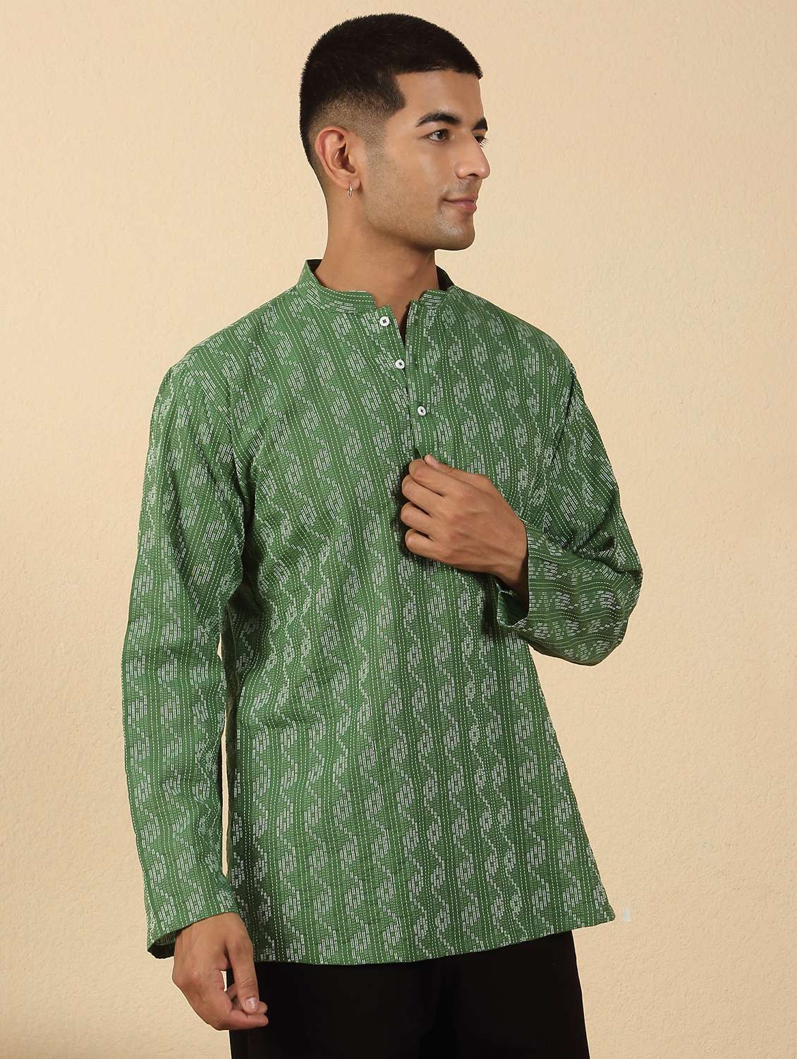 men printed mandarin neck short kurta - 22619203 -  Standard Image - 2