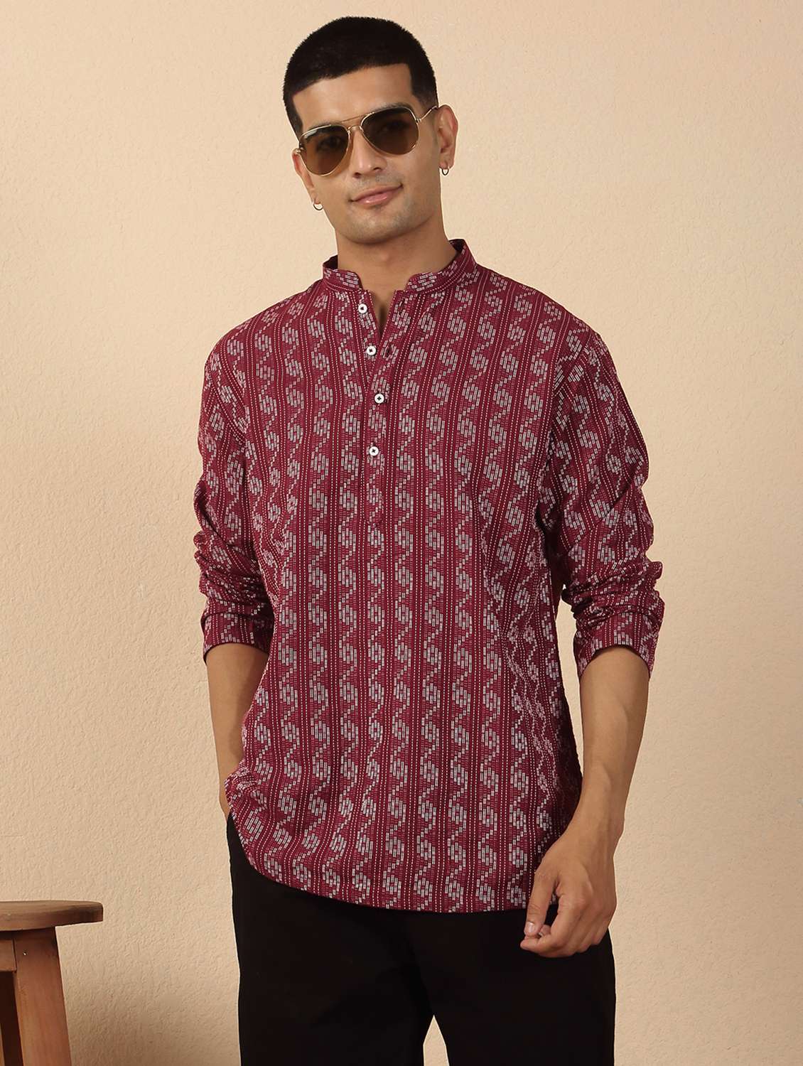 men printed mandarin neck short kurta