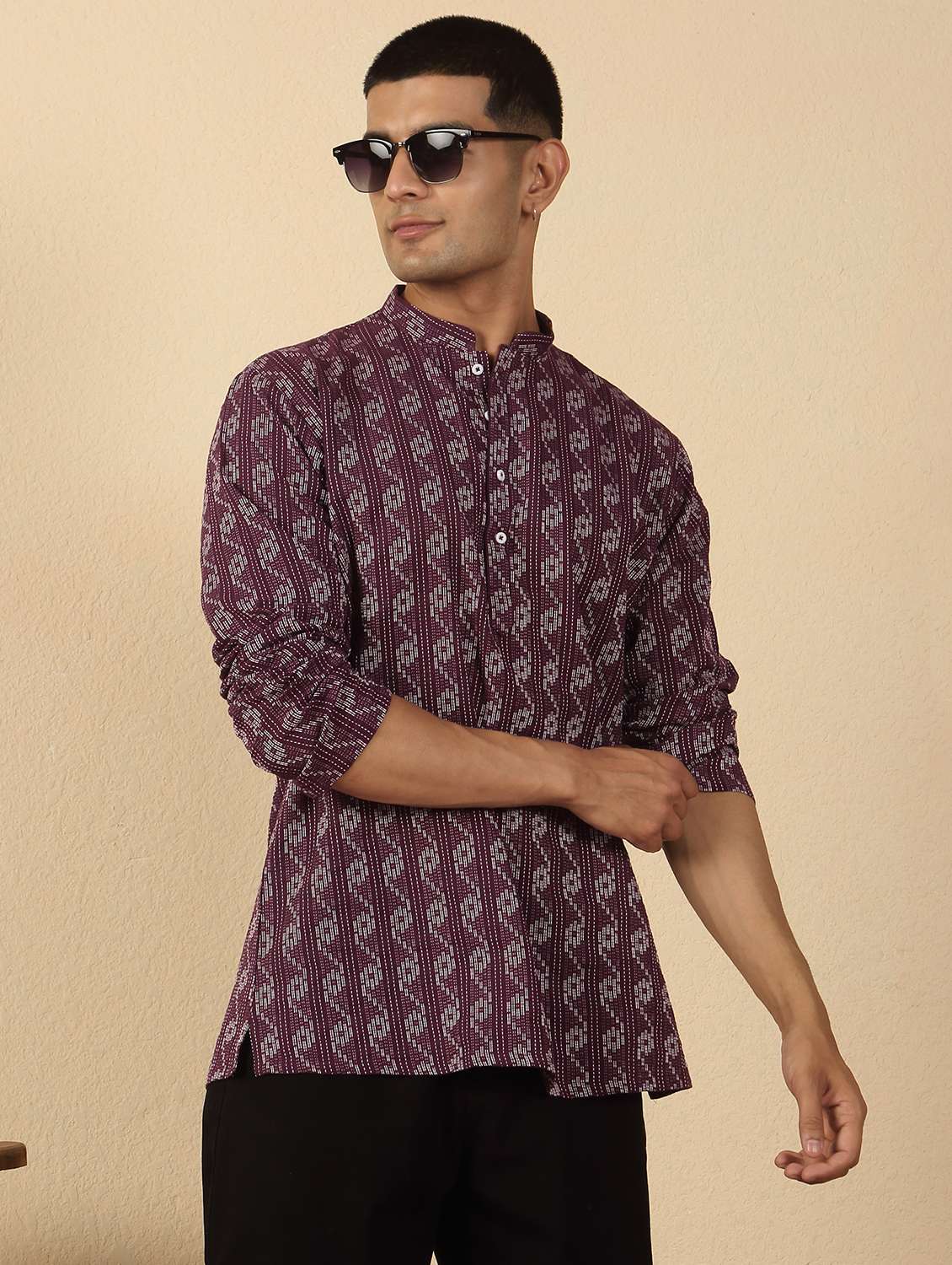 men printed mandarin neck short kurta
