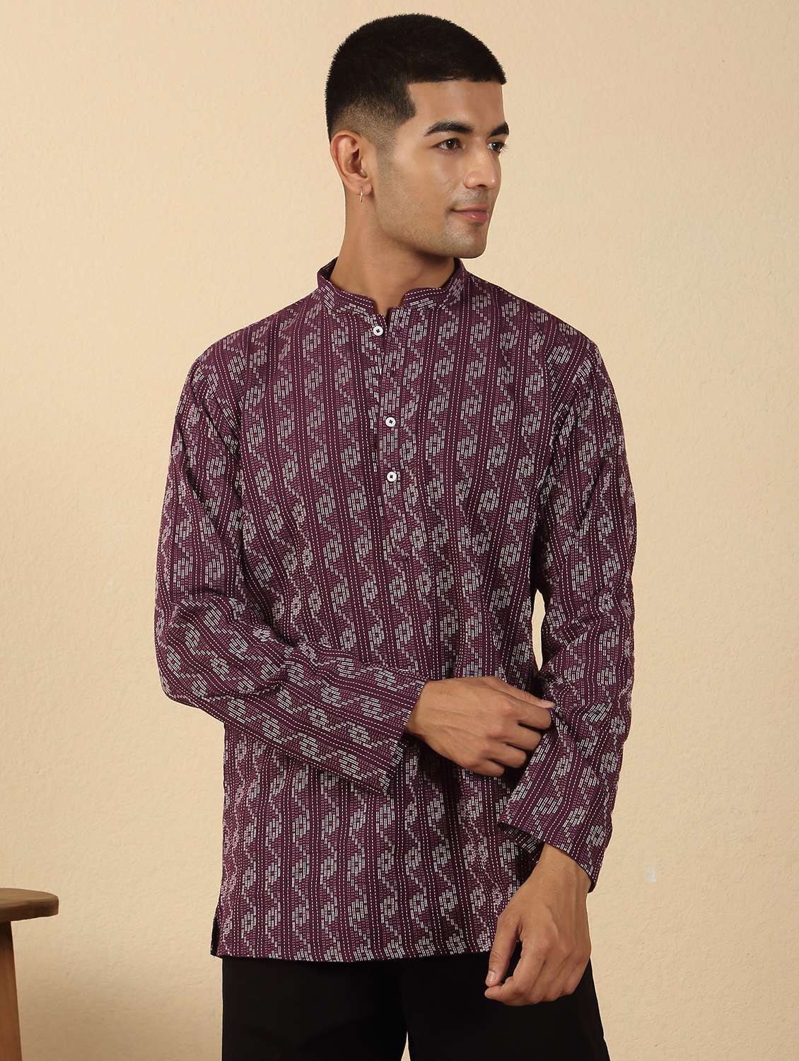 men printed mandarin neck short kurta - 22619206 -  Standard Image - 2