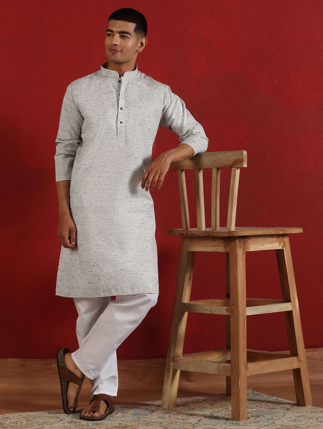 men self design mandarin neck long kurta