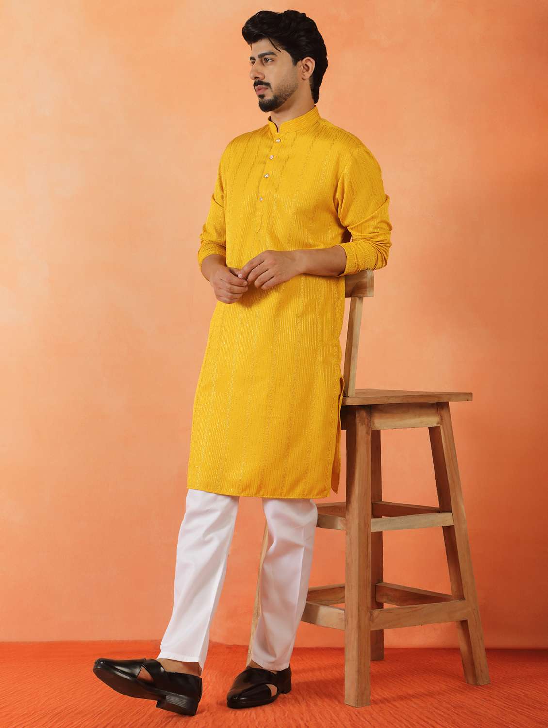 men solid with work mandarin neck long kurta
