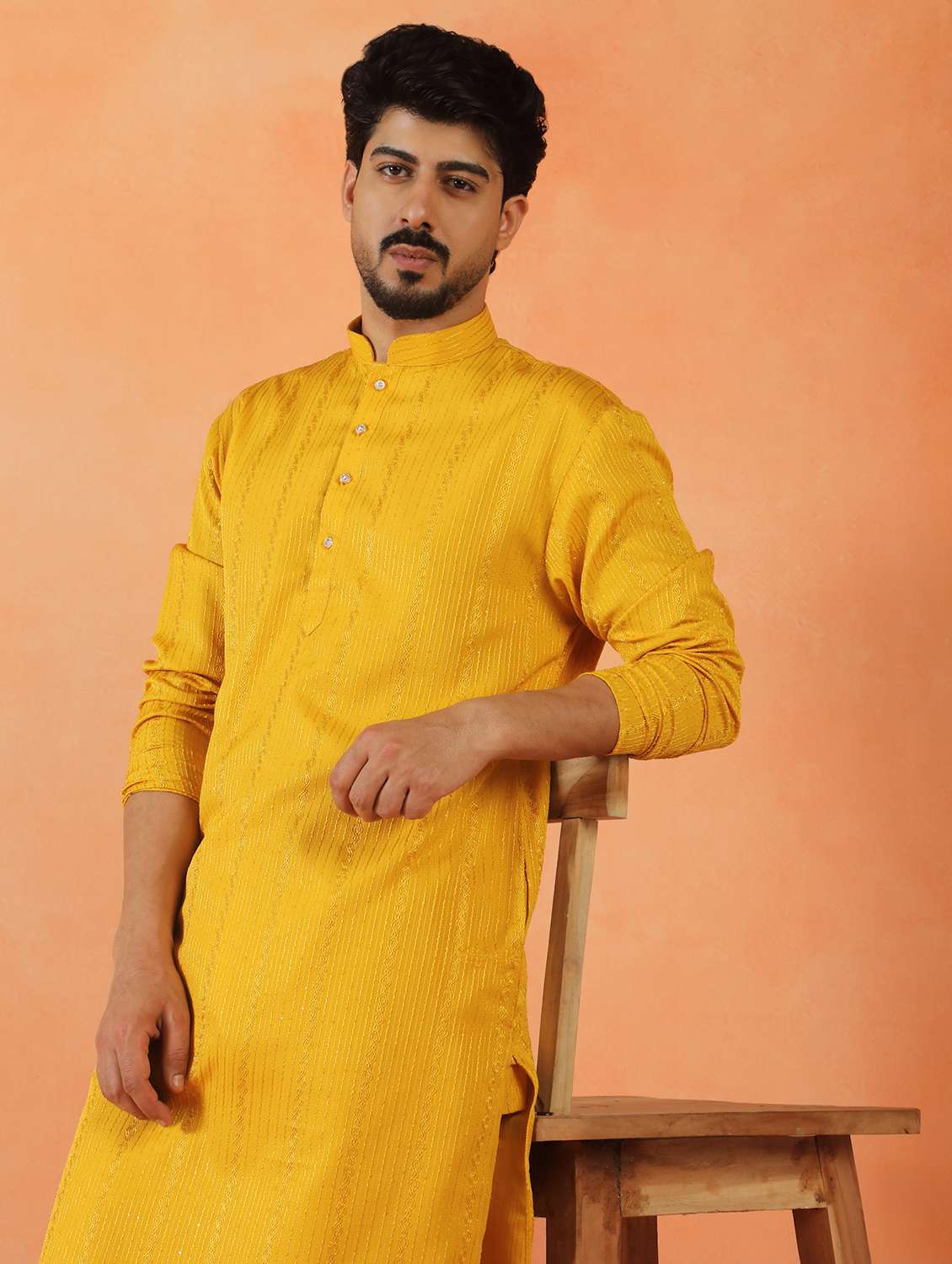 men solid with work mandarin neck long kurta - 22619248 -  Standard Image - 2