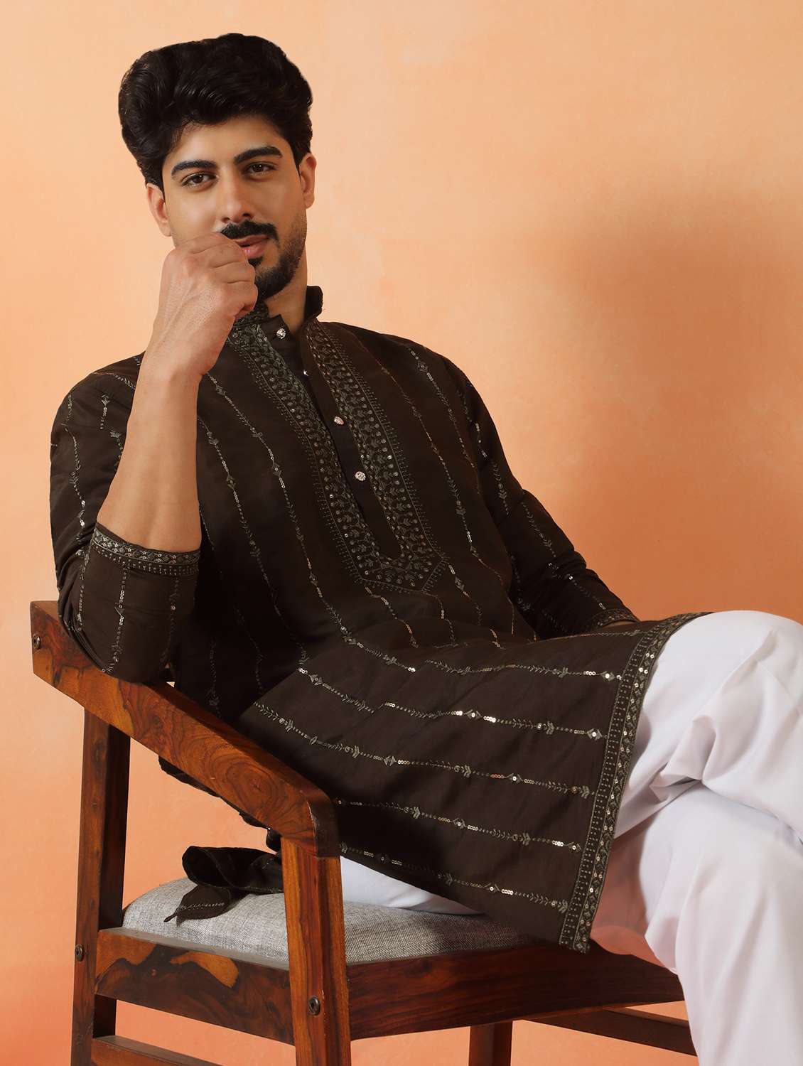 men solid with work mandarin neck long kurta - 22619249 -  Standard Image - 2