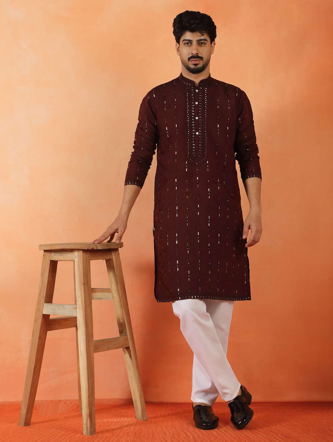 men solid with work mandarin neck long kurta