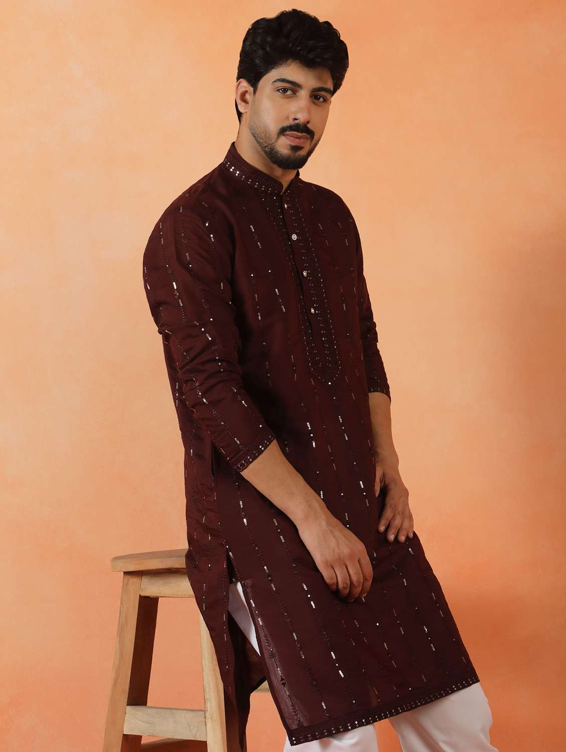 men solid with work mandarin neck long kurta - 22619250 -  Standard Image - 2
