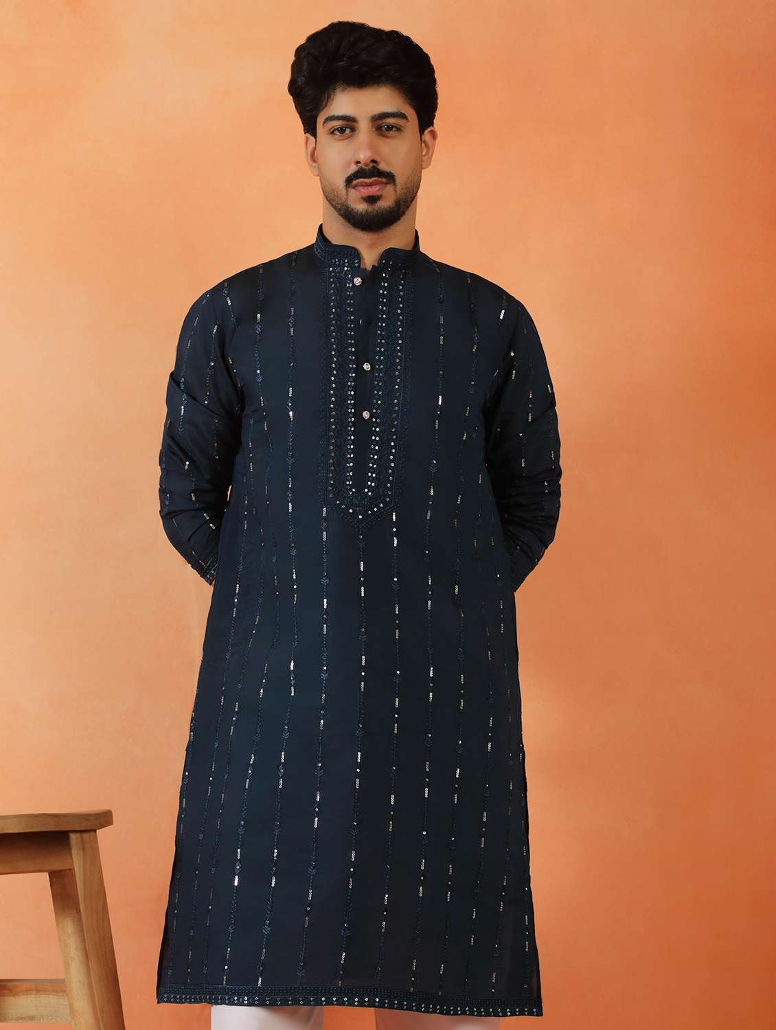 men solid with work mandarin neck long kurta - 22619251 -  Standard Image - 2