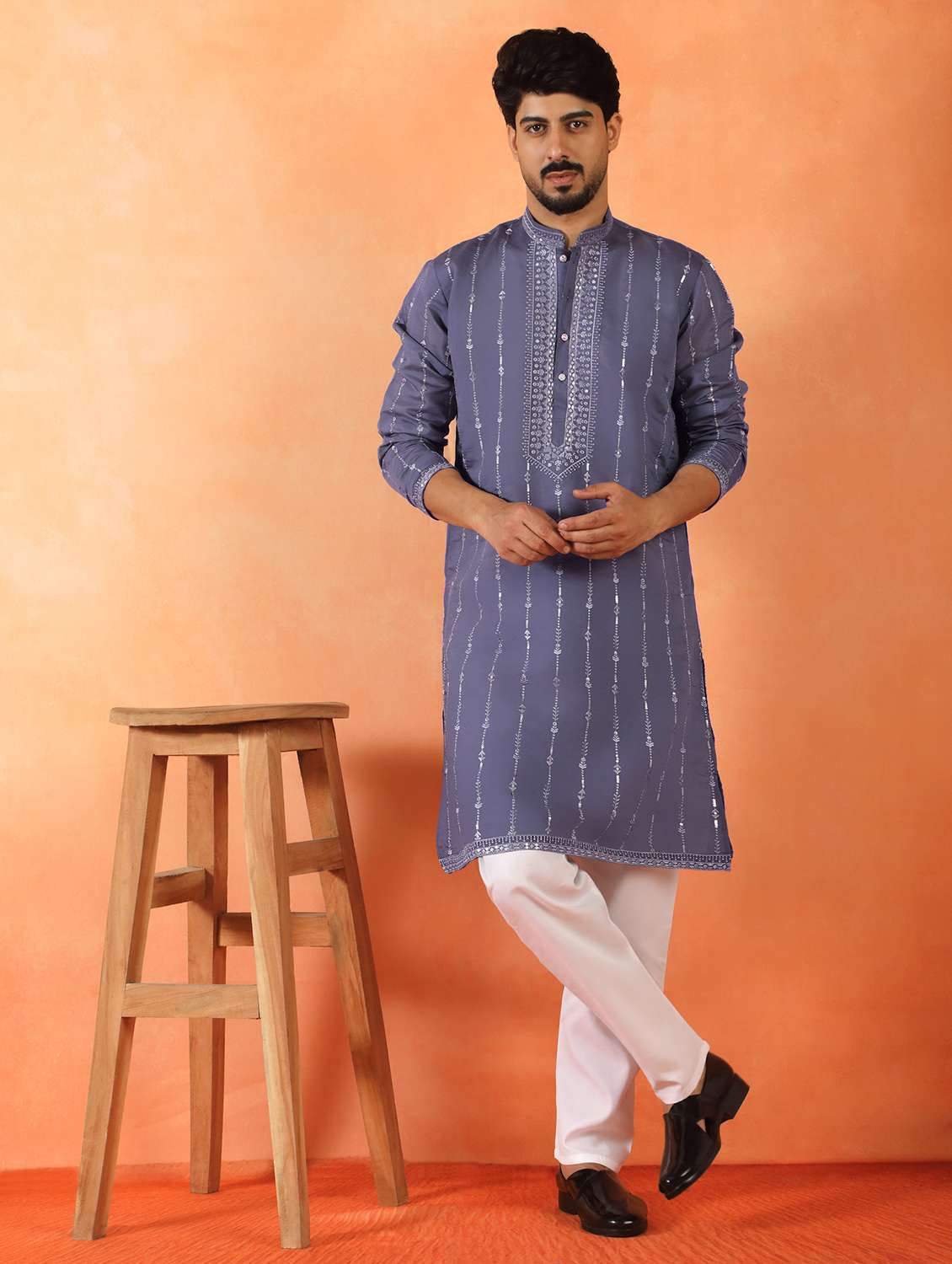 men solid with work mandarin neck long kurta