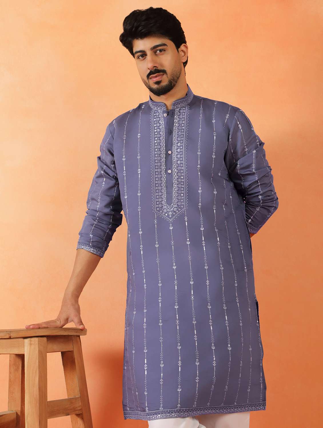 men solid with work mandarin neck long kurta - 22619252 -  Standard Image - 2