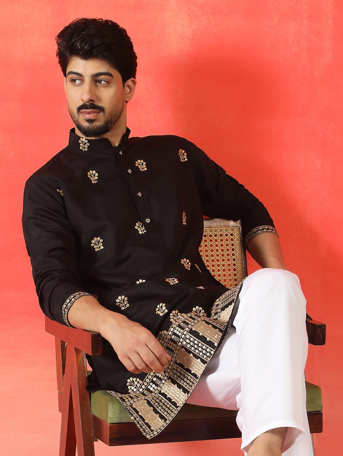 men solid with work mandarin neck long kurta - 22619253 -  Standard Image - 2