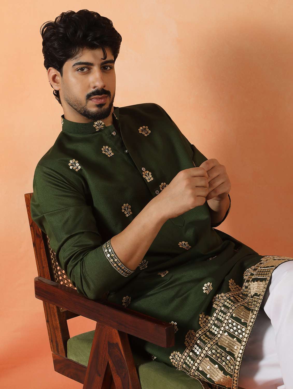 men solid with work mandarin neck long kurta - 22619254 -  Standard Image - 2