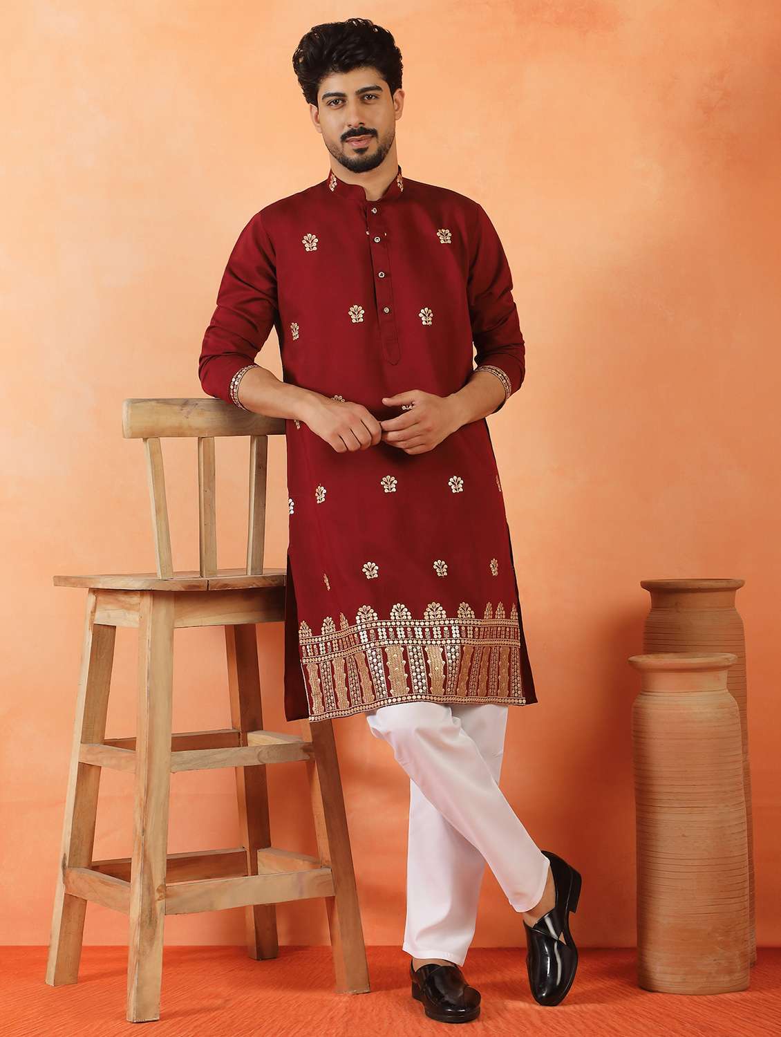 men solid with work mandarin neck long kurta