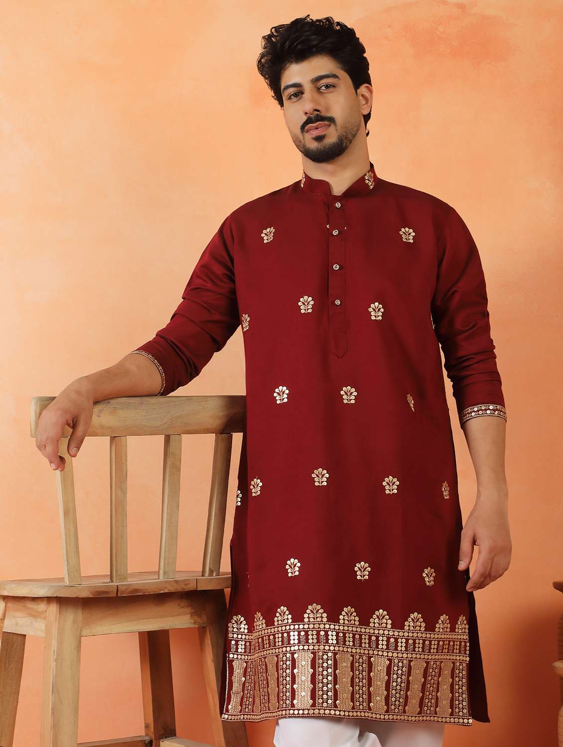 men solid with work mandarin neck long kurta - 22619255 -  Standard Image - 2