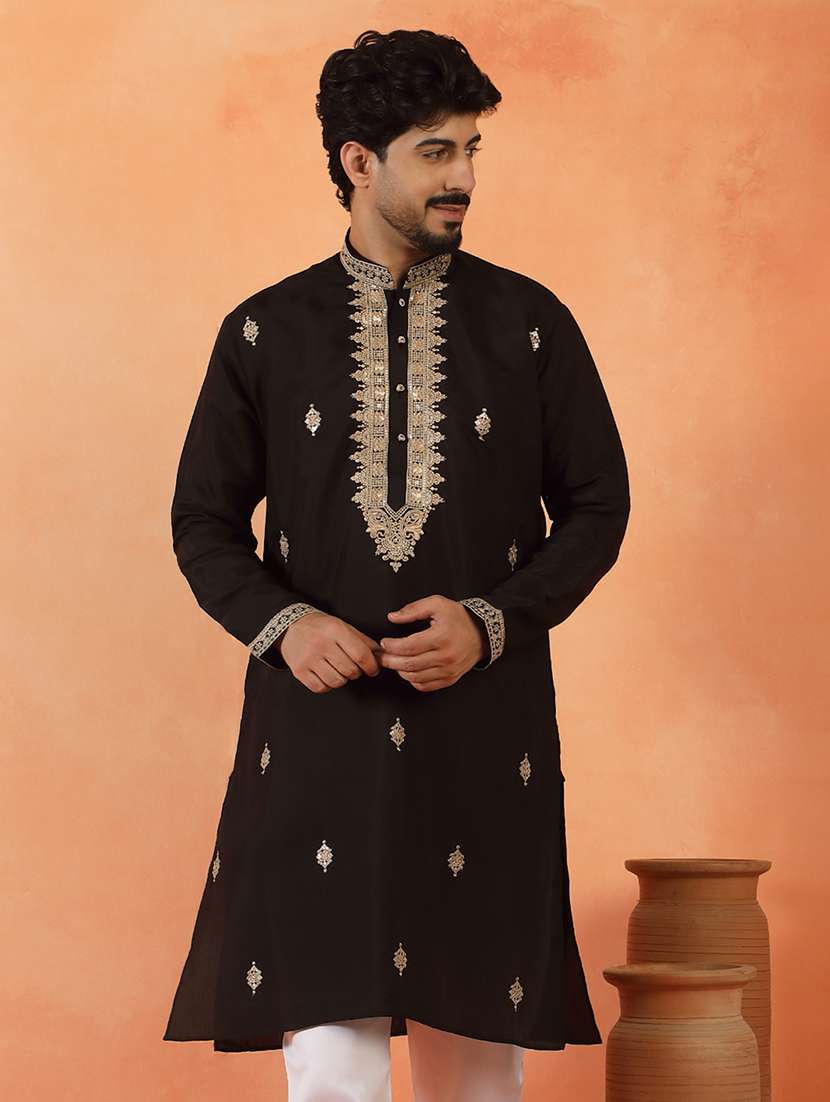 men solid with work mandarin neck long kurta - 22619256 -  Standard Image - 2