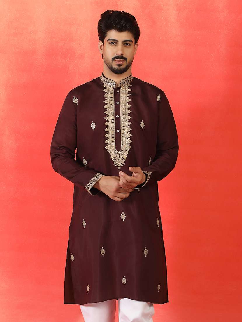 men solid with work mandarin neck long kurta - 22619257 -  Standard Image - 2