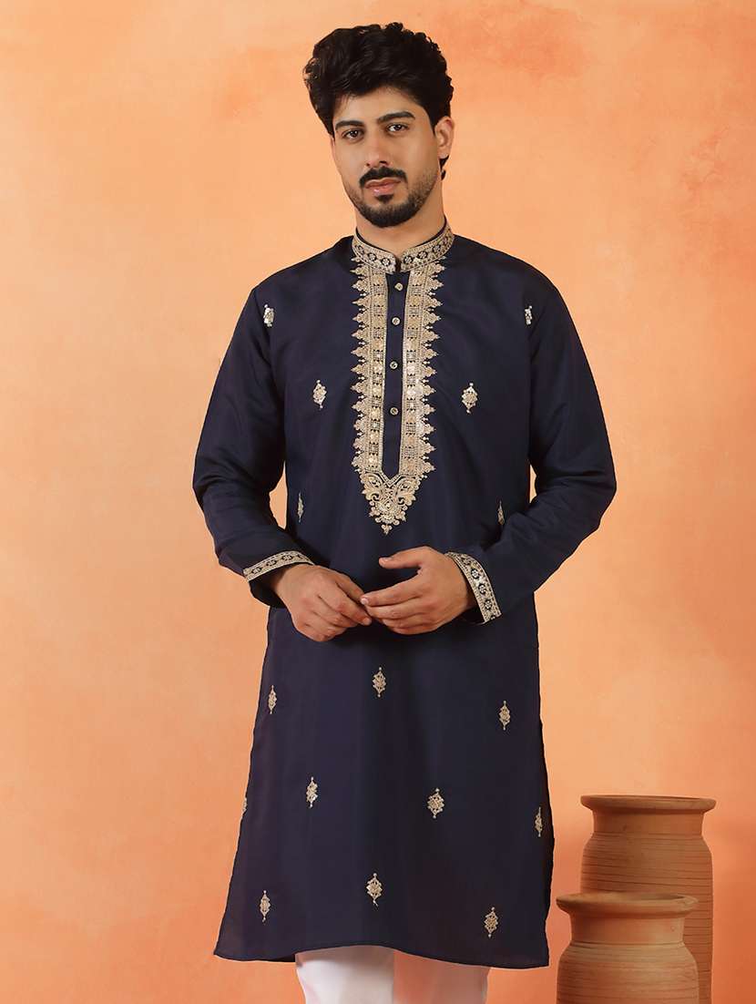men solid with work mandarin neck long kurta - 22619258 -  Standard Image - 2