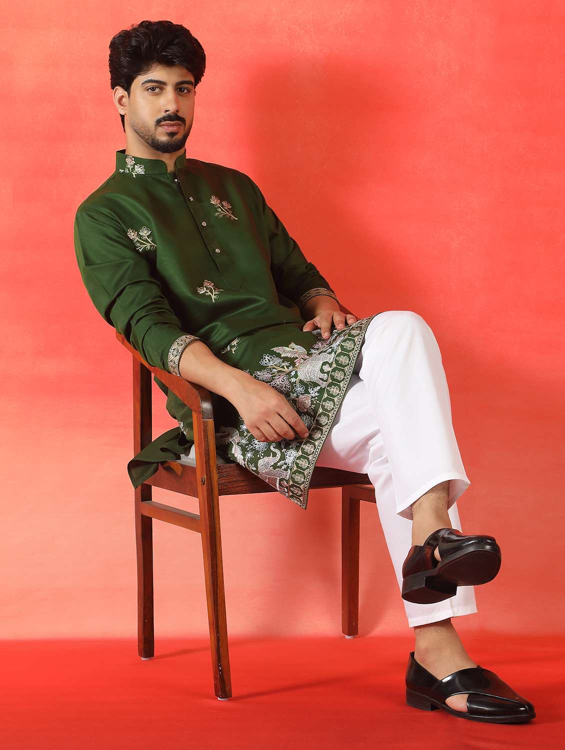 men solid with work mandarin neck long kurta