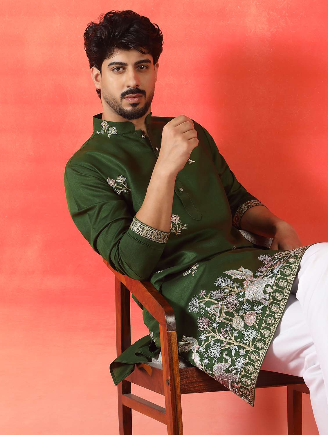 men solid with work mandarin neck long kurta - 22619259 -  Standard Image - 2
