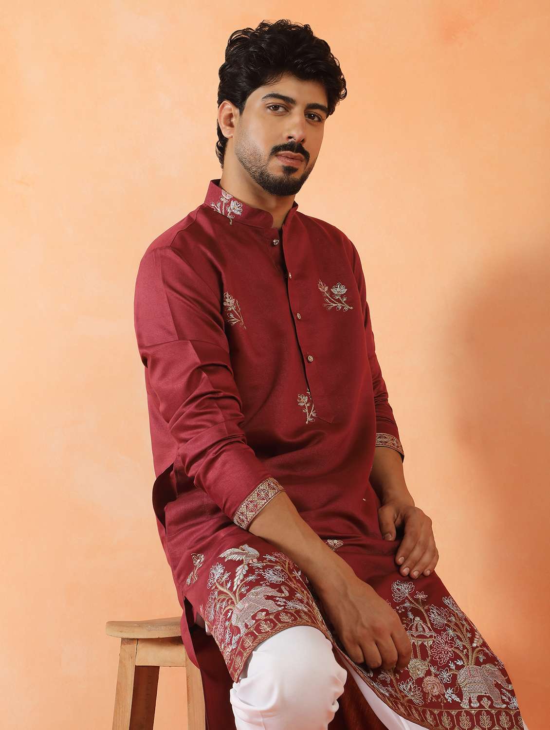 men solid with work mandarin neck long kurta - 22619260 -  Standard Image - 2