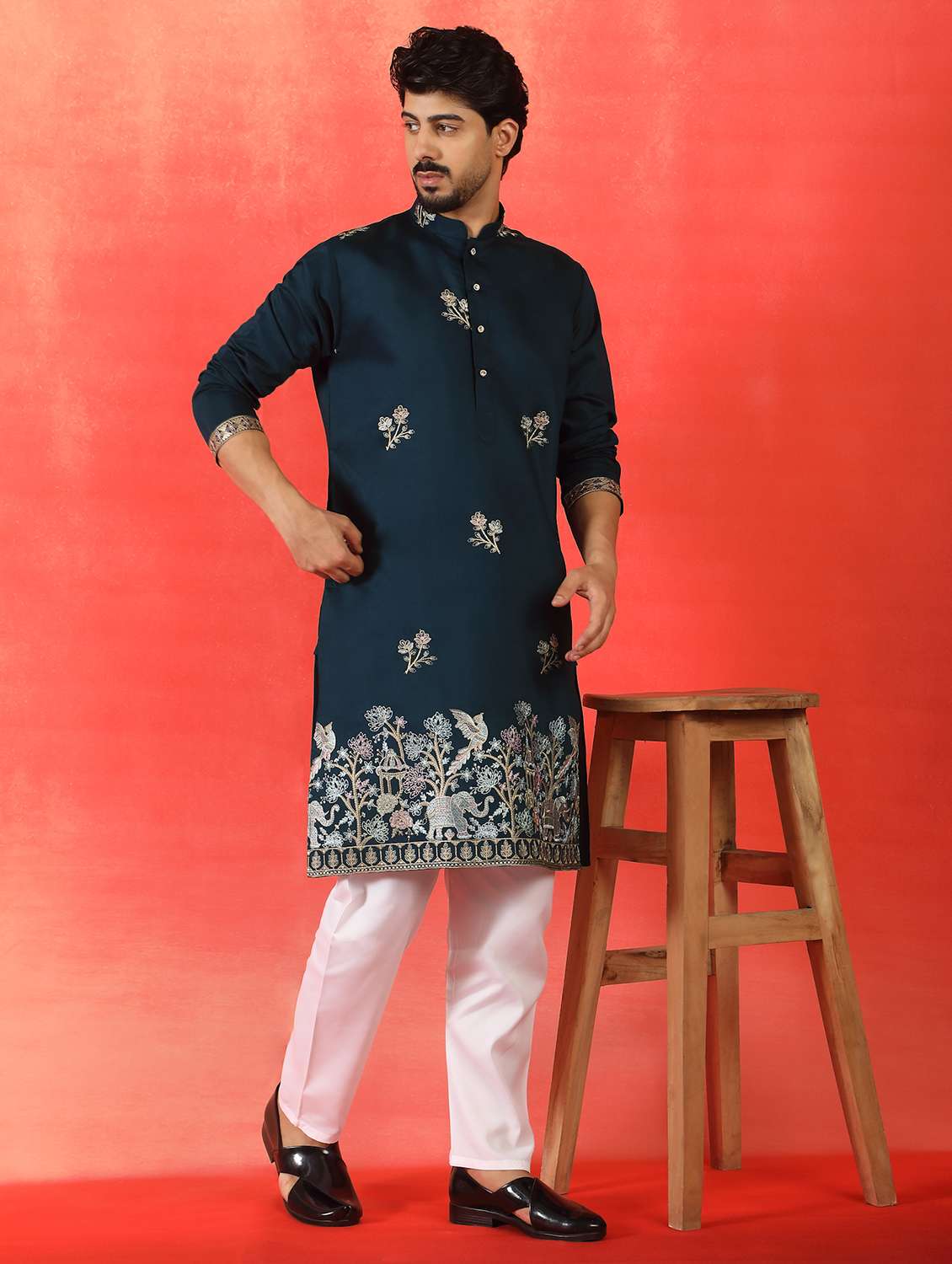 men solid with work mandarin neck long kurta