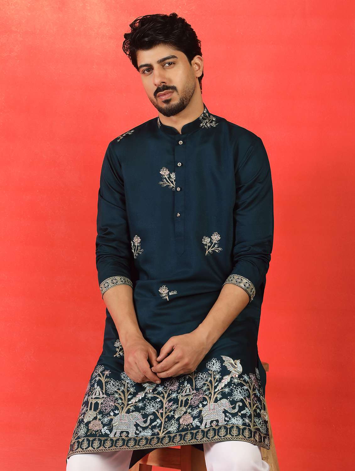 men solid with work mandarin neck long kurta - 22619261 -  Standard Image - 2