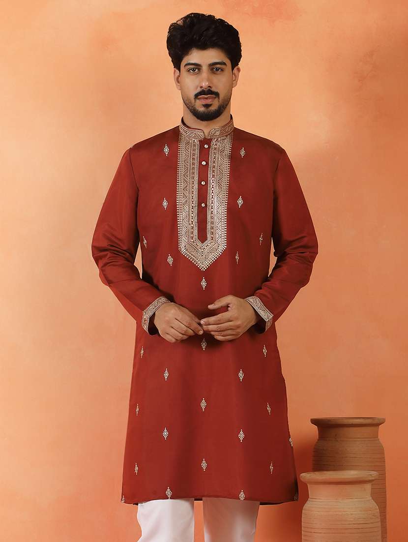 men solid with work mandarin neck long kurta - 22619262 -  Standard Image - 2