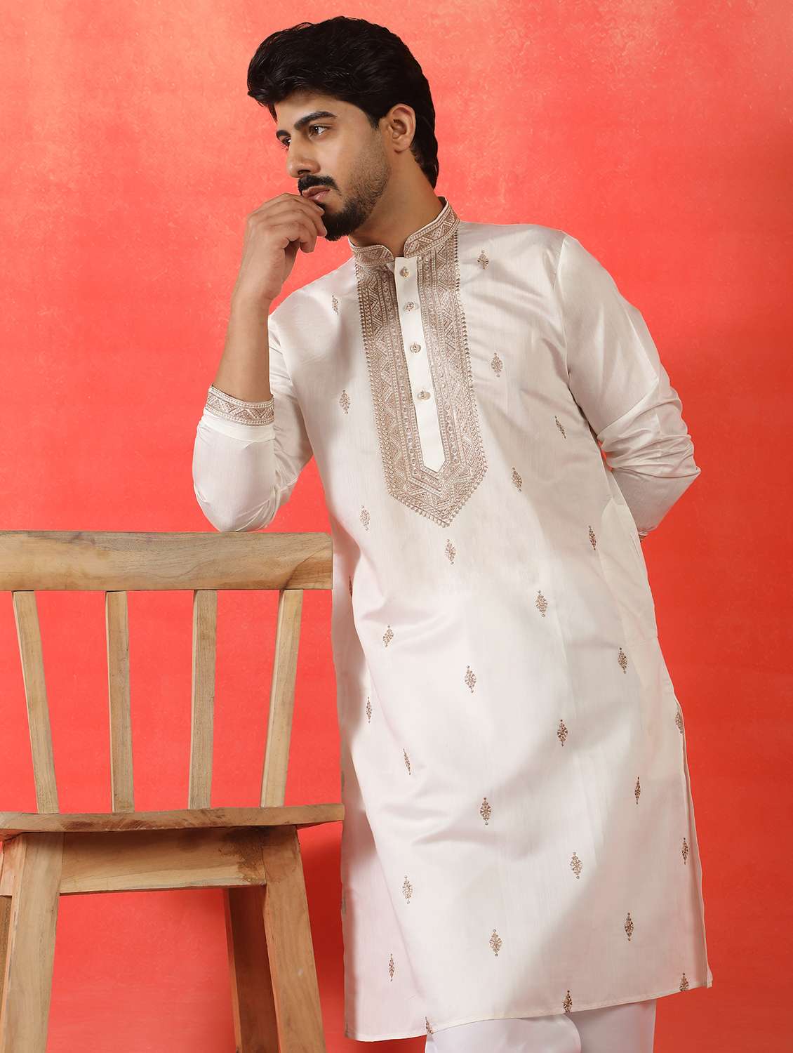 men solid with work mandarin neck long kurta - 22619263 -  Standard Image - 2