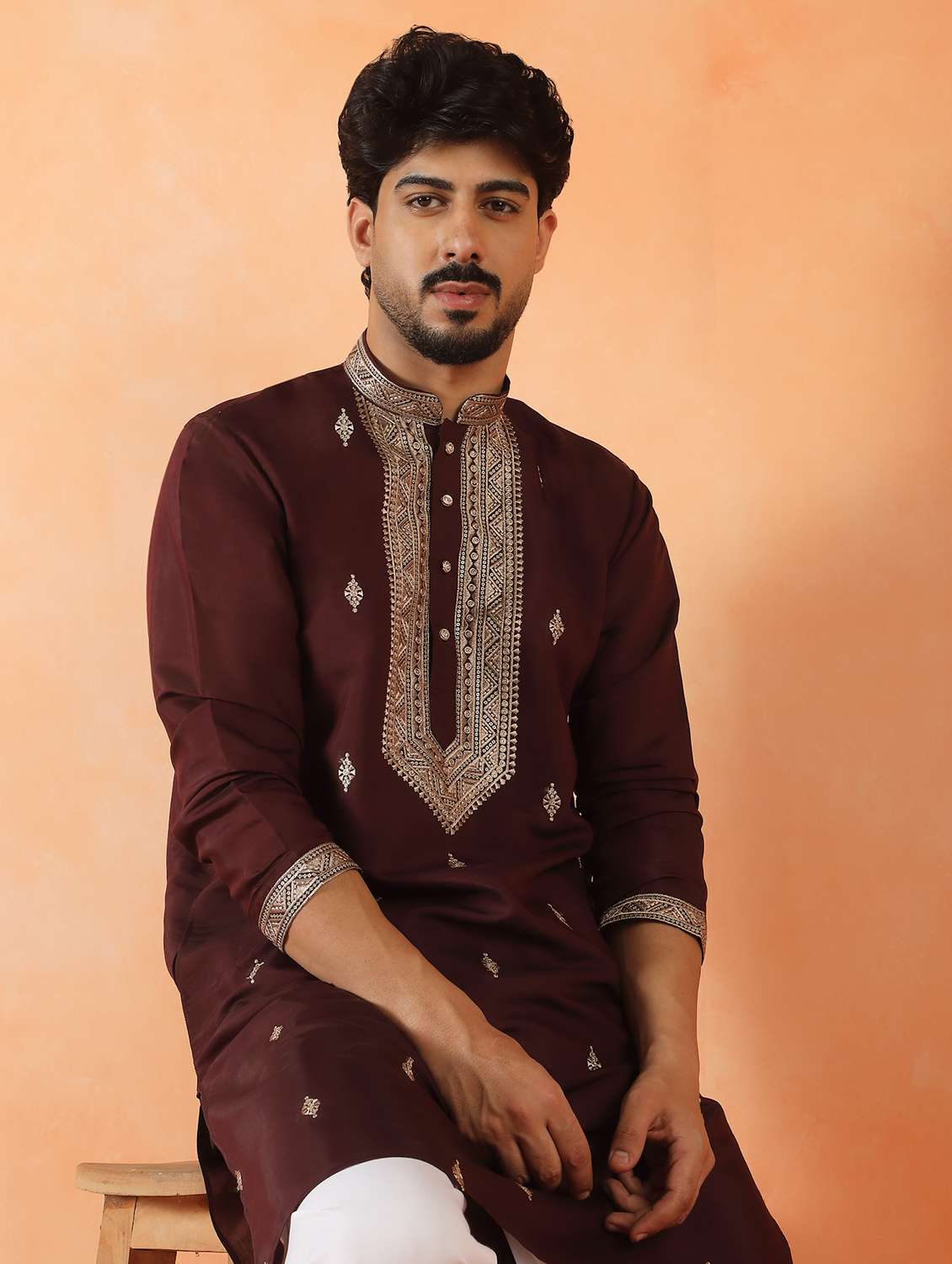 men solid with work mandarin neck long kurta - 22619264 -  Standard Image - 2
