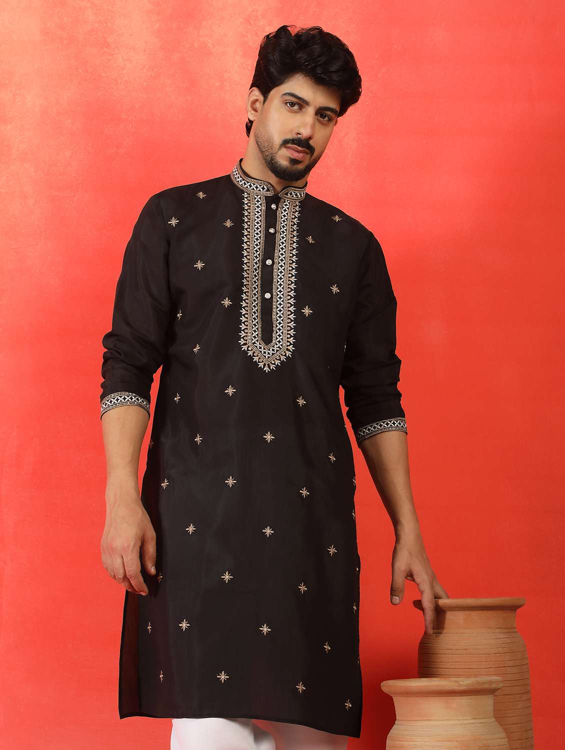 men solid with work mandarin neck long kurta - 22619265 -  Standard Image - 2