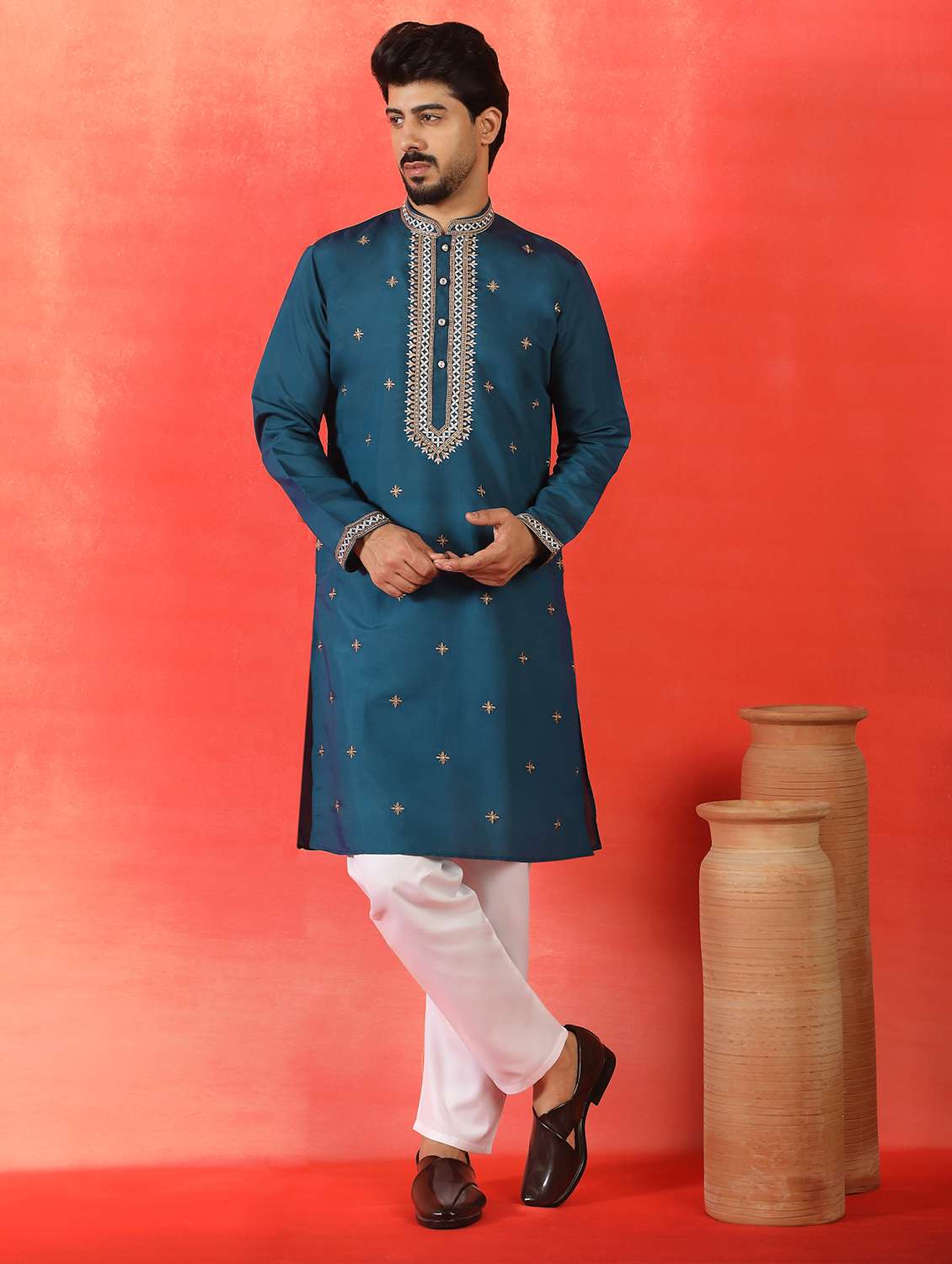 men solid with work mandarin neck long kurta