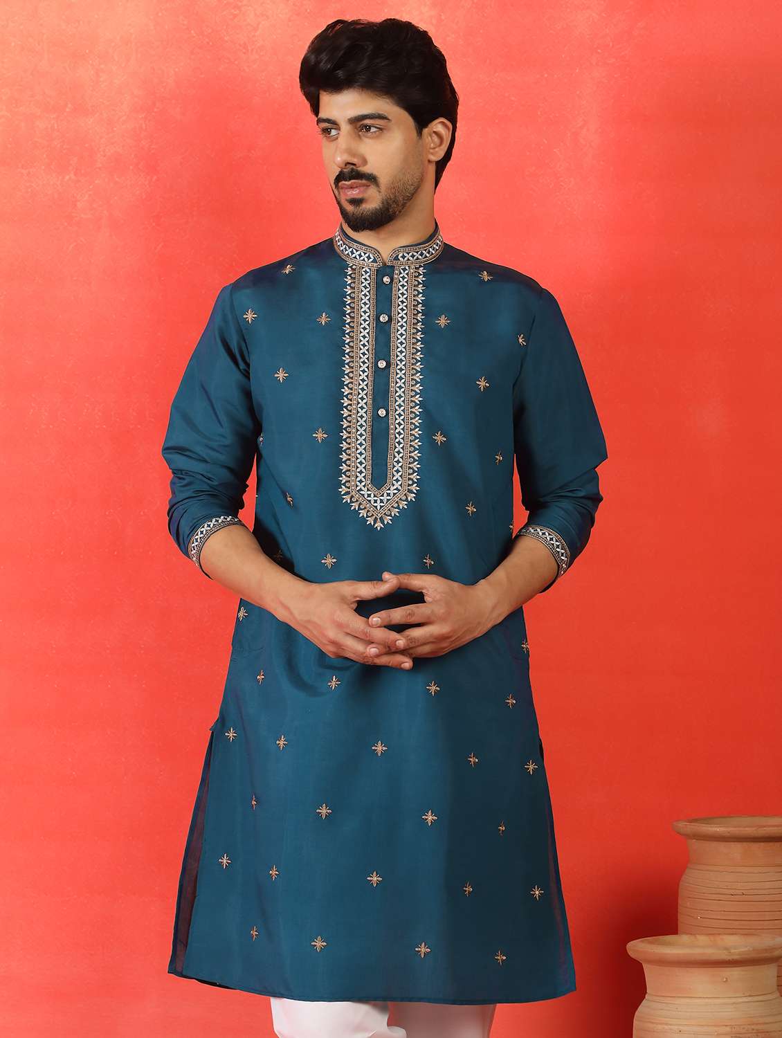 men solid with work mandarin neck long kurta - 22619266 -  Standard Image - 2