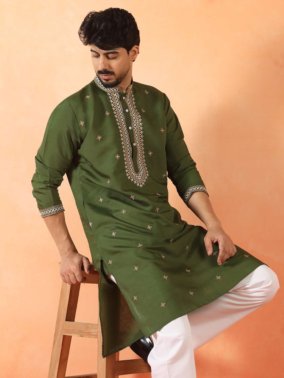men solid with work mandarin neck long kurta - 22619267 -  Standard Image - 2