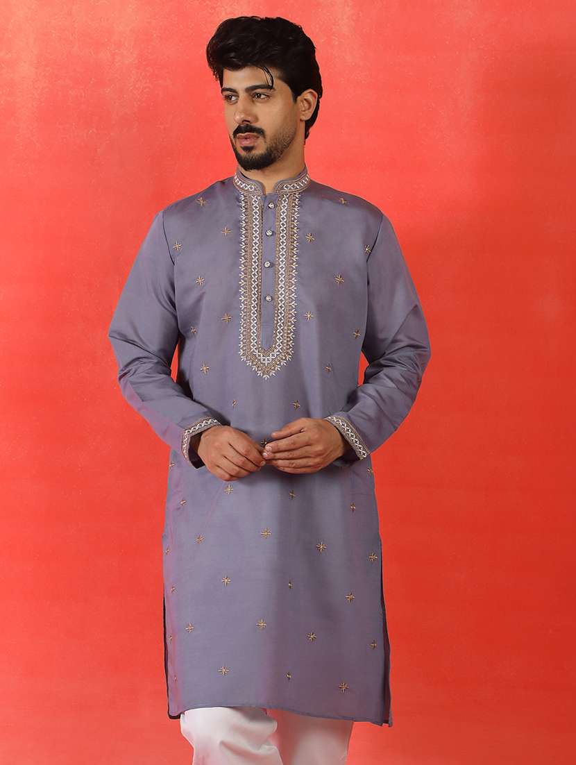 men solid with work mandarin neck long kurta - 22619268 -  Standard Image - 2