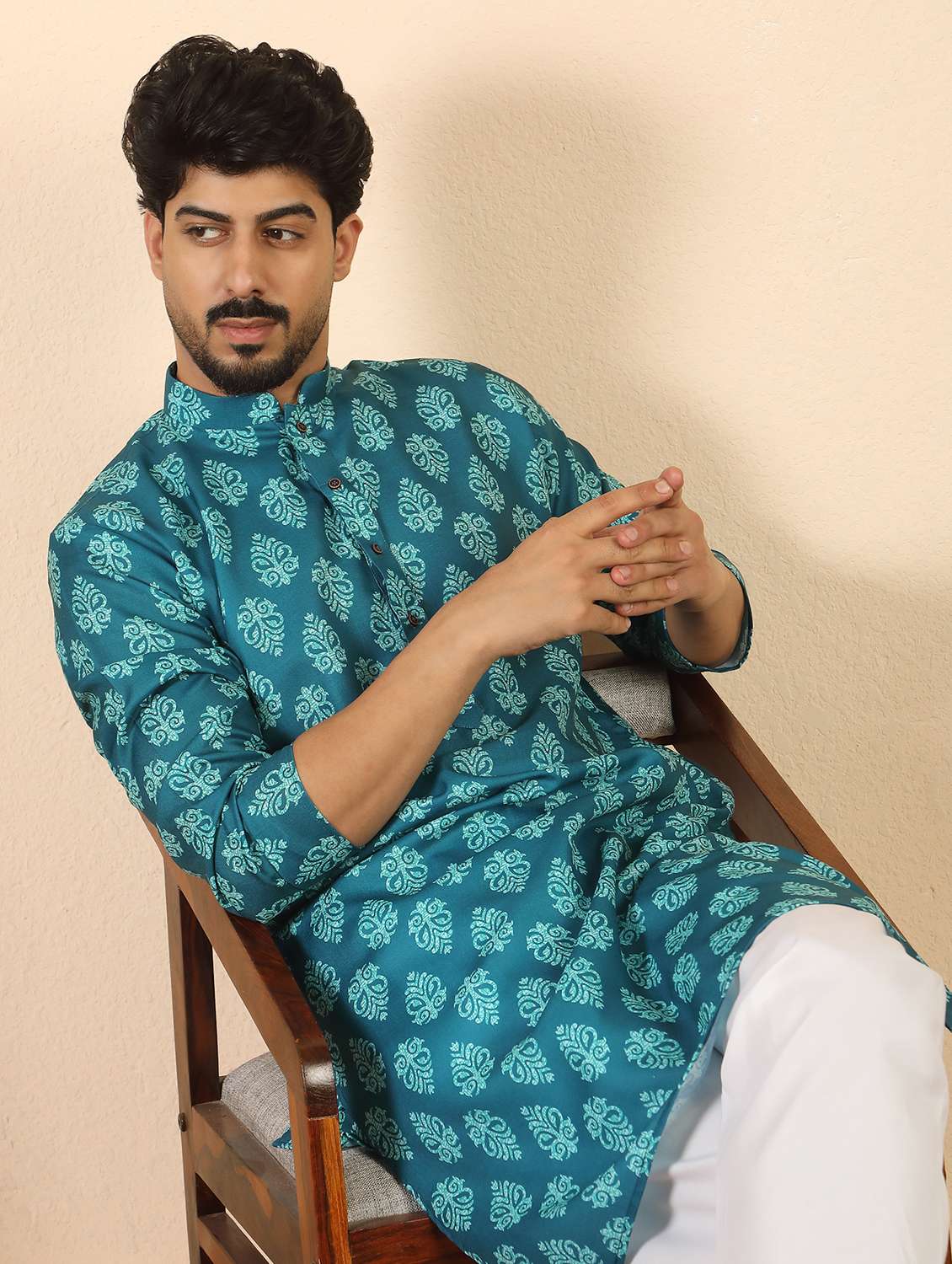 men printed mandarin neck long kurta - 22619271 -  Standard Image - 2