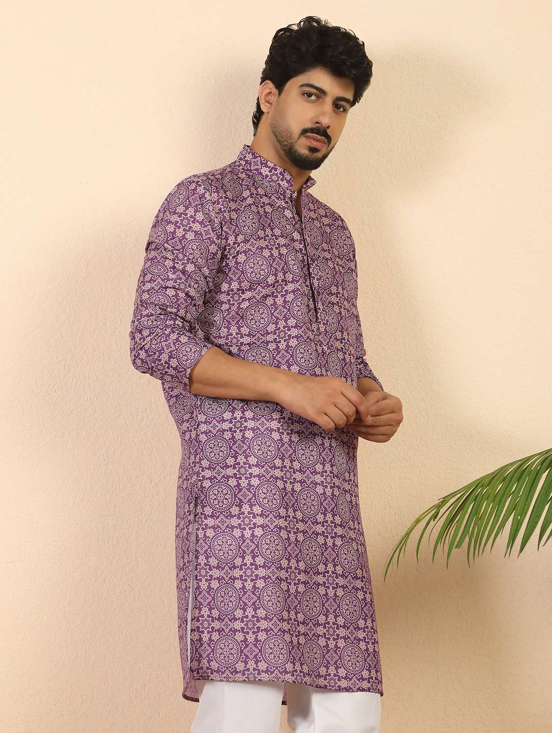 men printed mandarin neck long kurta - 22619275 -  Standard Image - 2