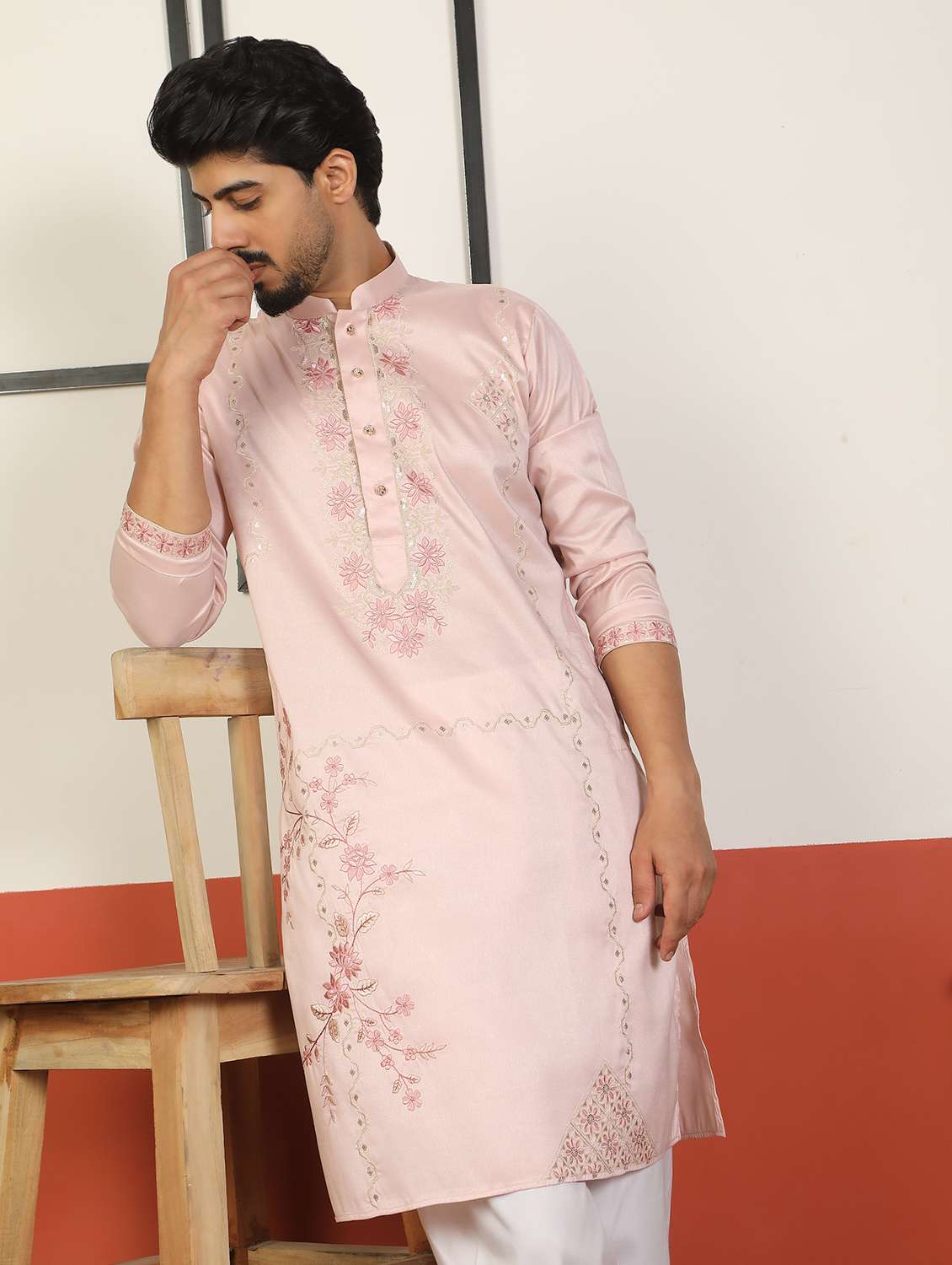 men embroidered mandarin neck long kurta - 22619277 -  Standard Image - 2