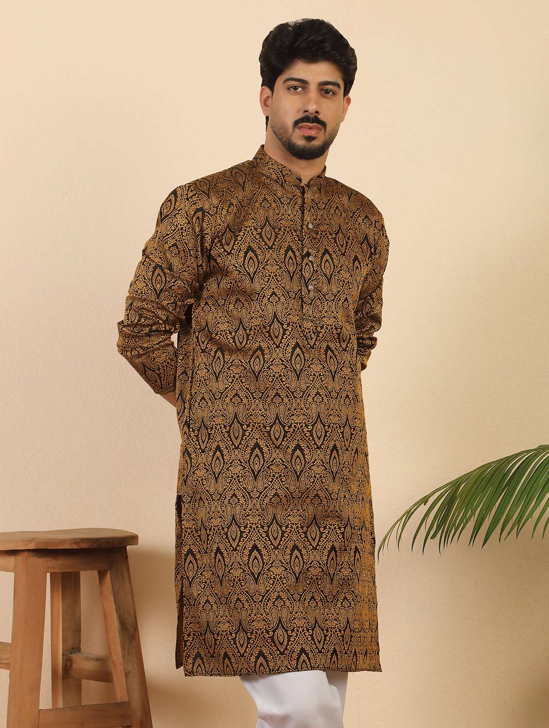 men self design mandarin neck long kurta - 22619279 -  Standard Image - 2