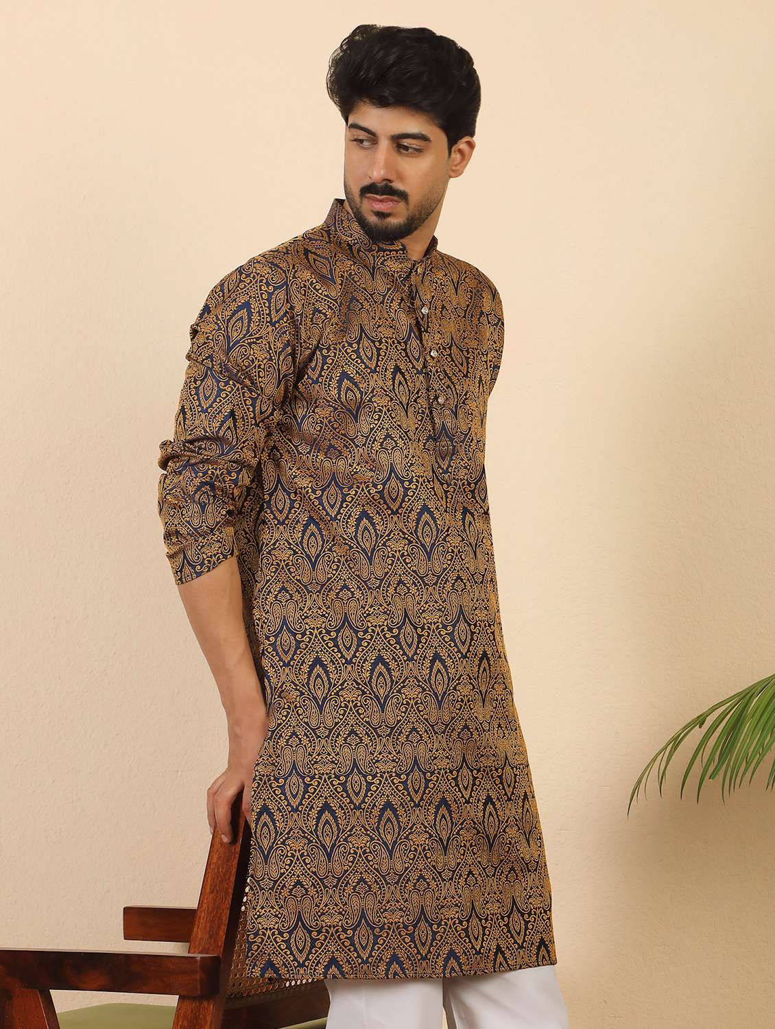 men self design mandarin neck long kurta - 22619280 -  Standard Image - 2