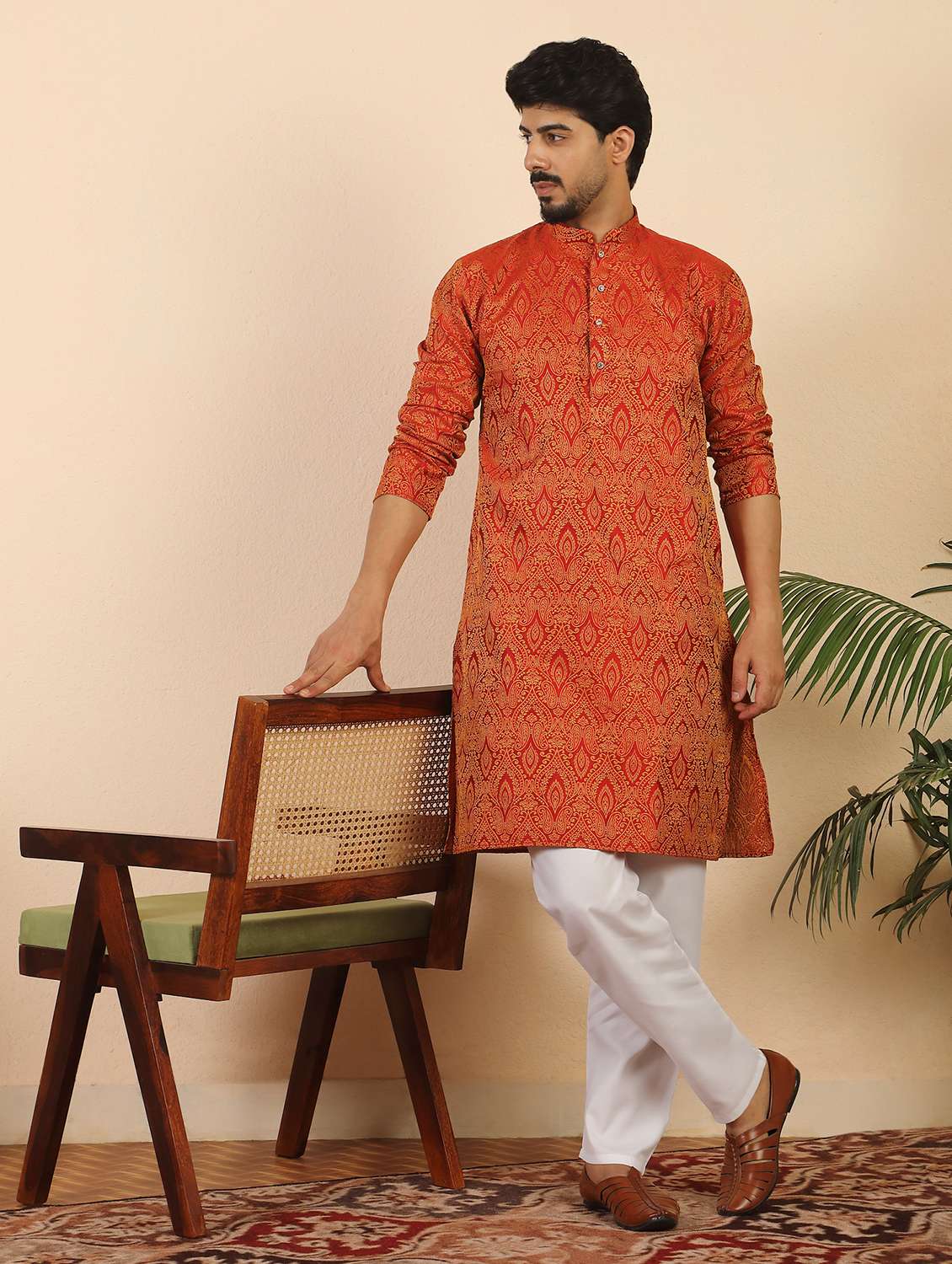 men self design mandarin neck long kurta