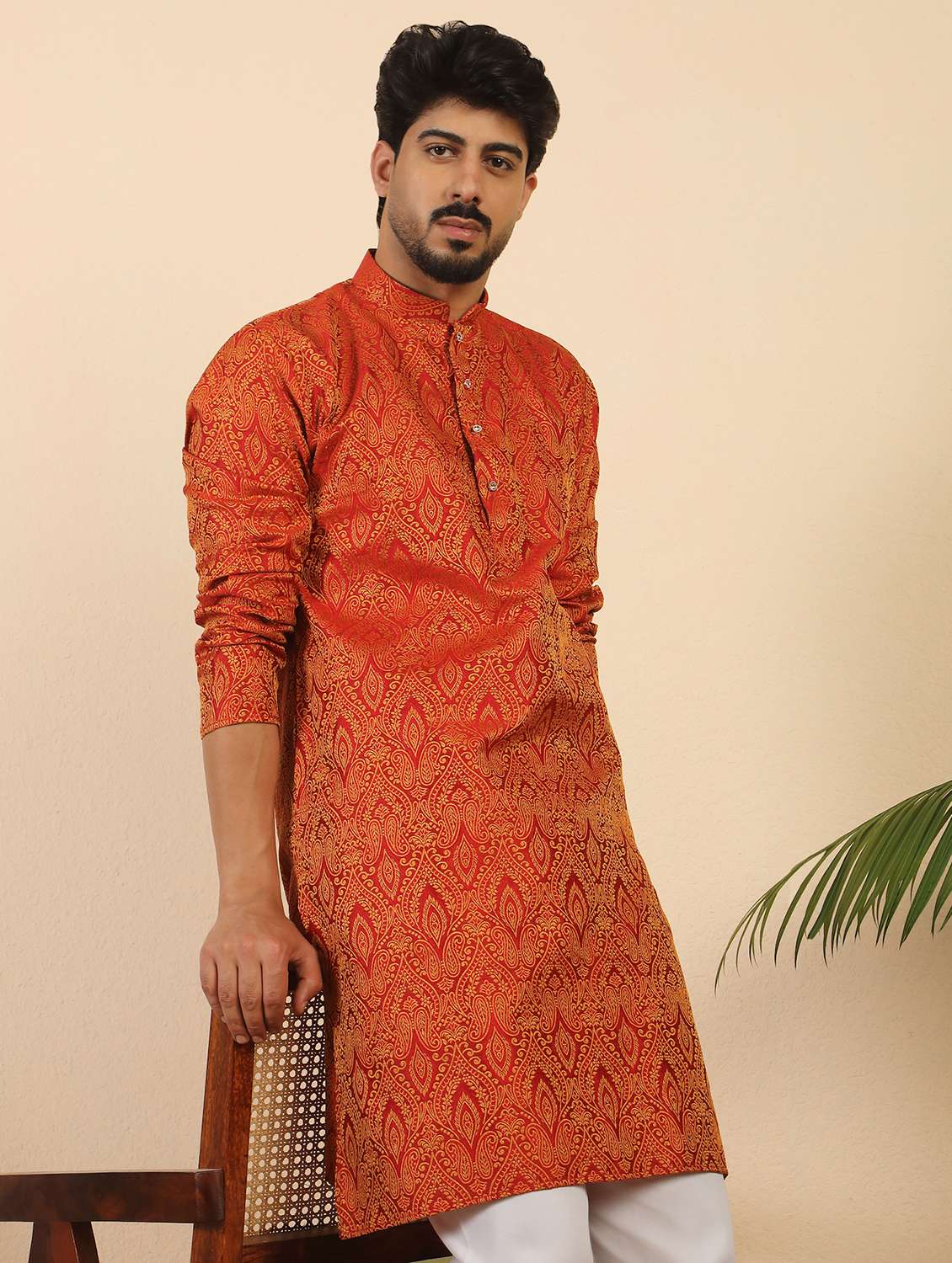 men self design mandarin neck long kurta - 22619282 -  Standard Image - 2
