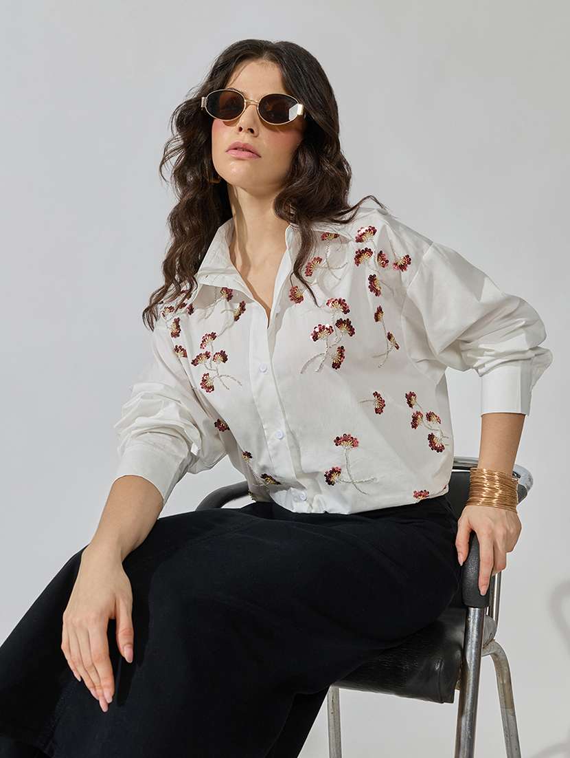 women embroidered long sleeves oversized shirt