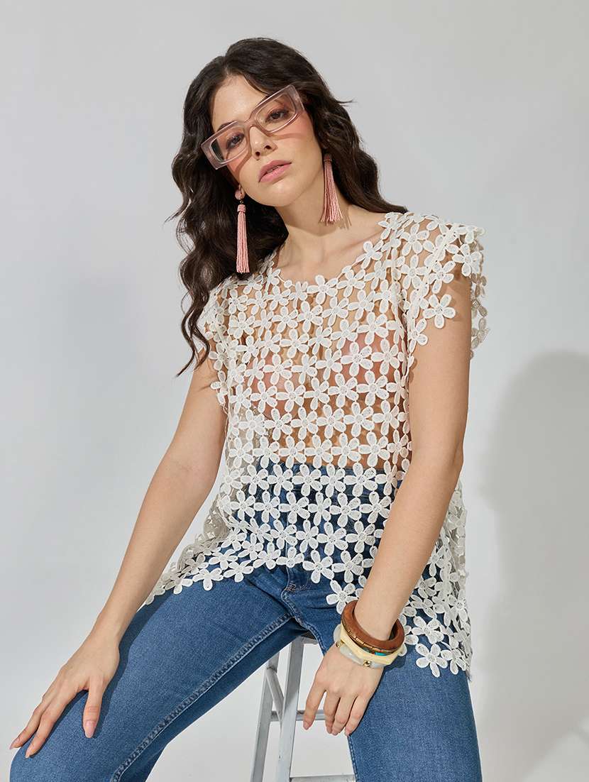 women self design cap sleeves regular top