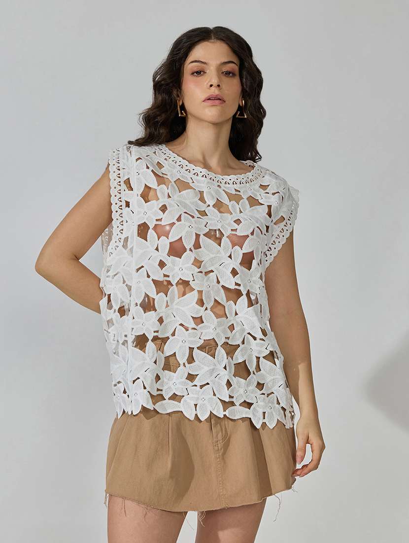 Women Self Design Cap Sleeves Regular Top - 22619424 -  Standard Image - 2