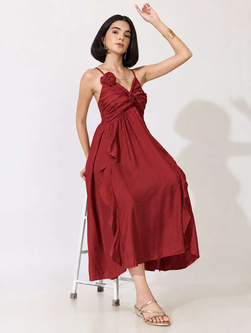 women solid shoulder strap ruffle dress