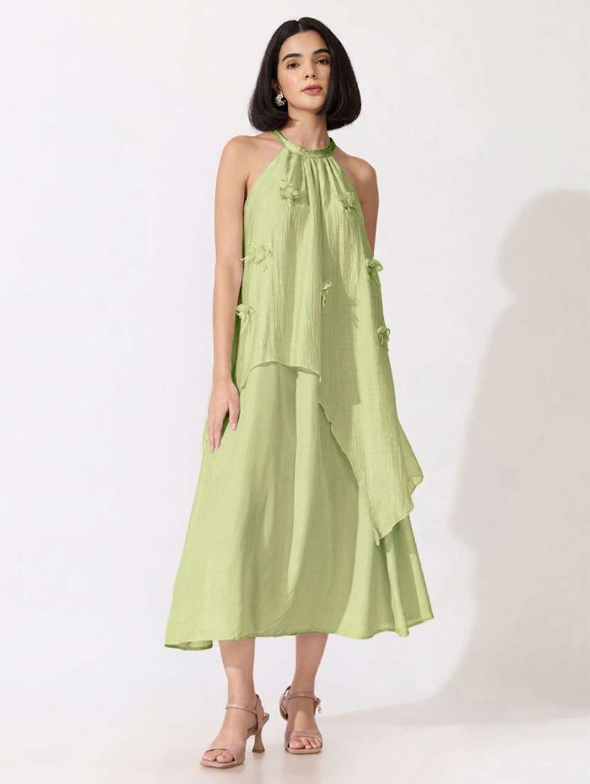 Women Solid Applique Detailed Halter Neck Layered Dress - 22619452 -  Standard Image - 2