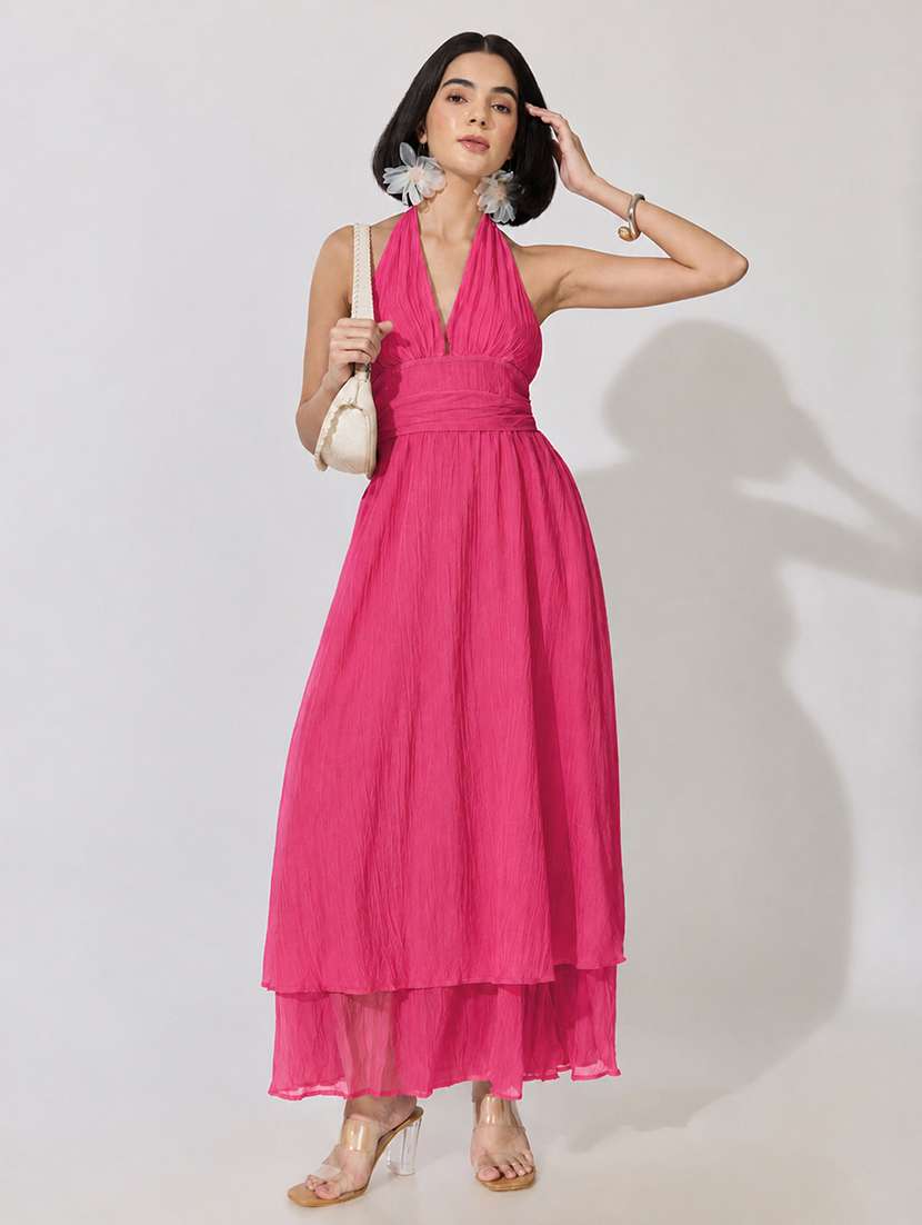 women solid halter neck layered dress